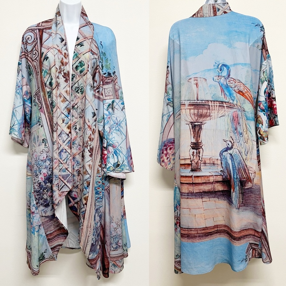 Aratta Silent Journey Medium Elegant Blue and Cream Kimono with Peacock Design